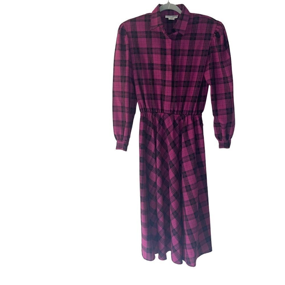 Pierre Cardin Vintage Womens Midi Shirt Dress Size 8 Pink Black Plaid Career